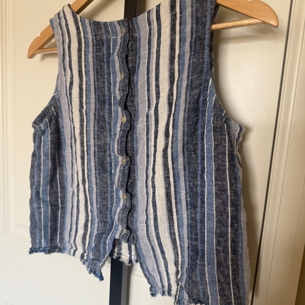 Drew Anthropologie Blue White Striped Linen Blend Button Back‎ Tank Top Medium - Picture 5 of 9